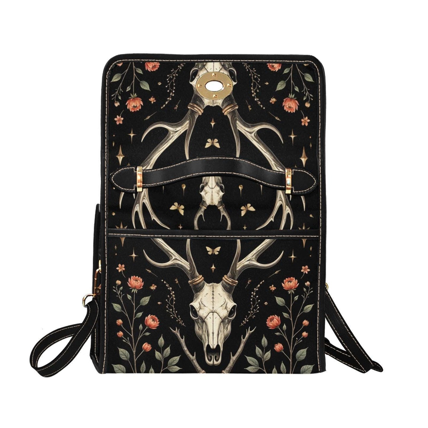 Deer Skull Clutch Purse, Dark Cottage Floral Handbag, Woodland Top Handle Bag, Nature Inspired Statement Purse