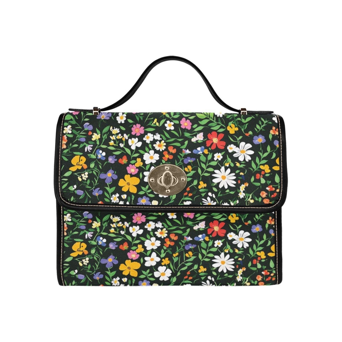 Black Floral Canvas Crossbody Bag, Wildflower Meadow Print Handbag