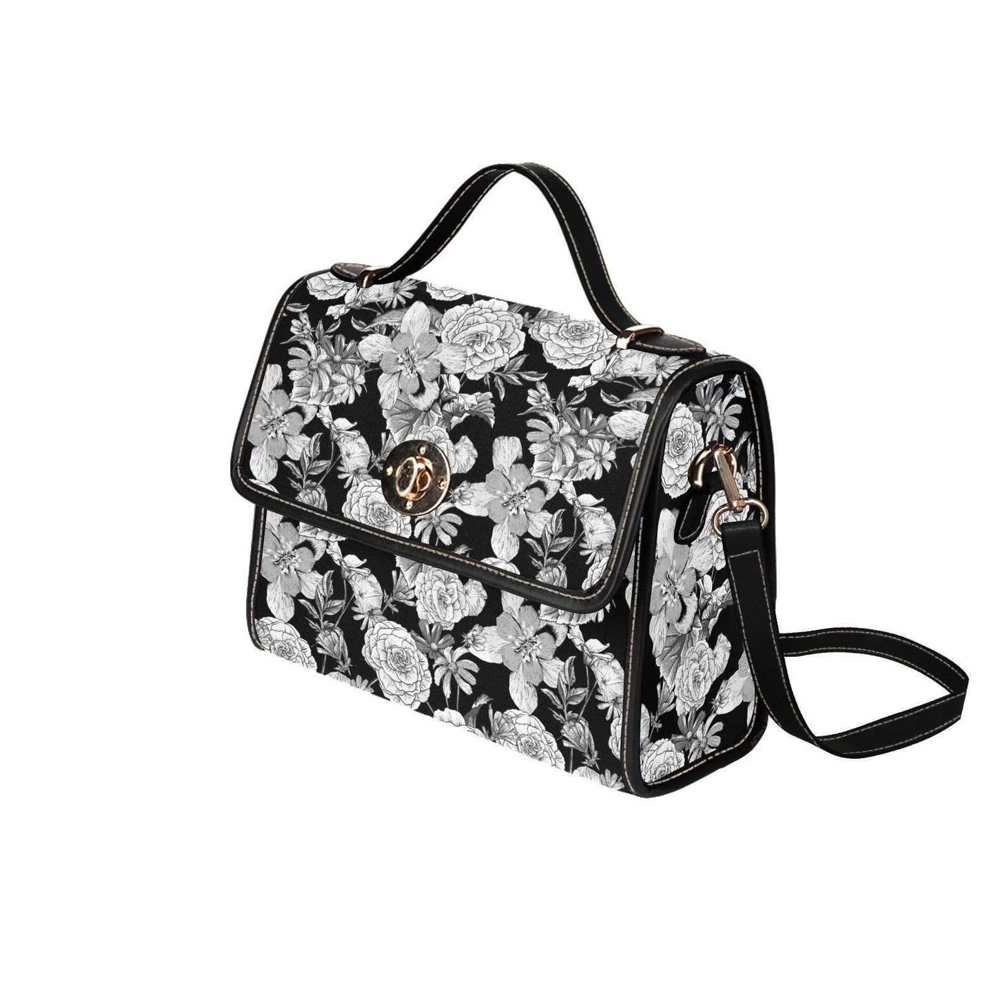 Gothic rose print crossbody purse, dark floral structured handbag for witchcore fashion, black goth shoulder bag, aesthetic alt satchel