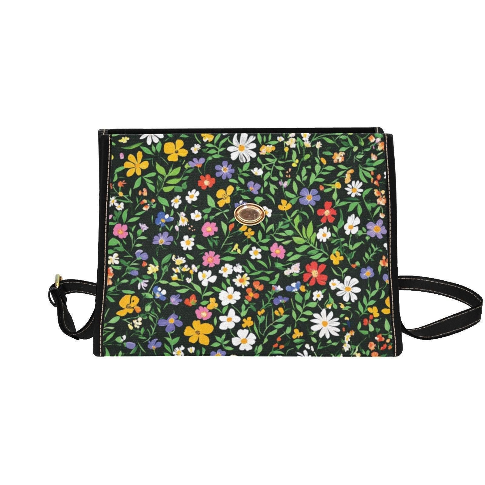Black Floral Canvas Crossbody Bag, Wildflower Meadow Print Handbag