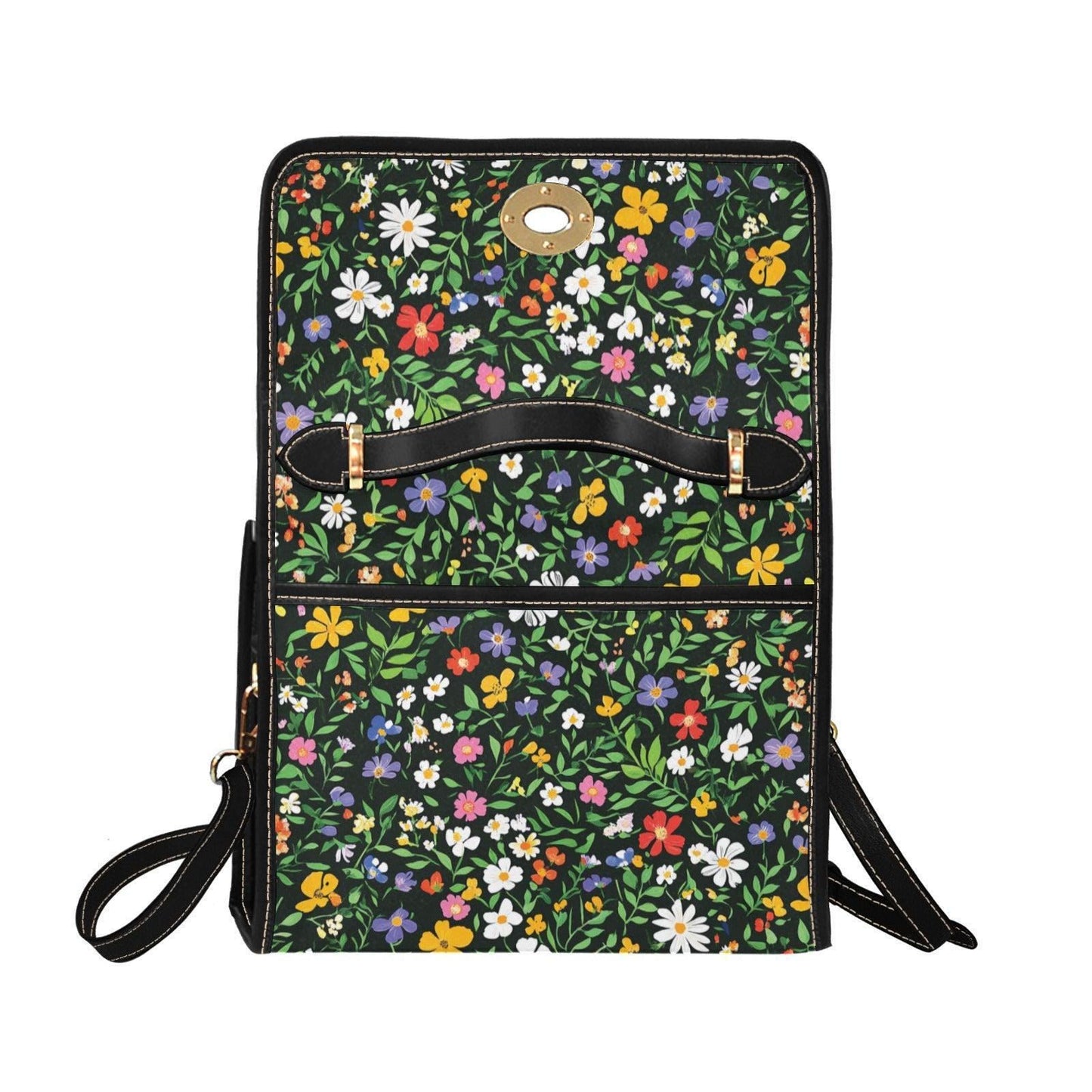 Black Floral Canvas Crossbody Bag, Wildflower Meadow Print Handbag