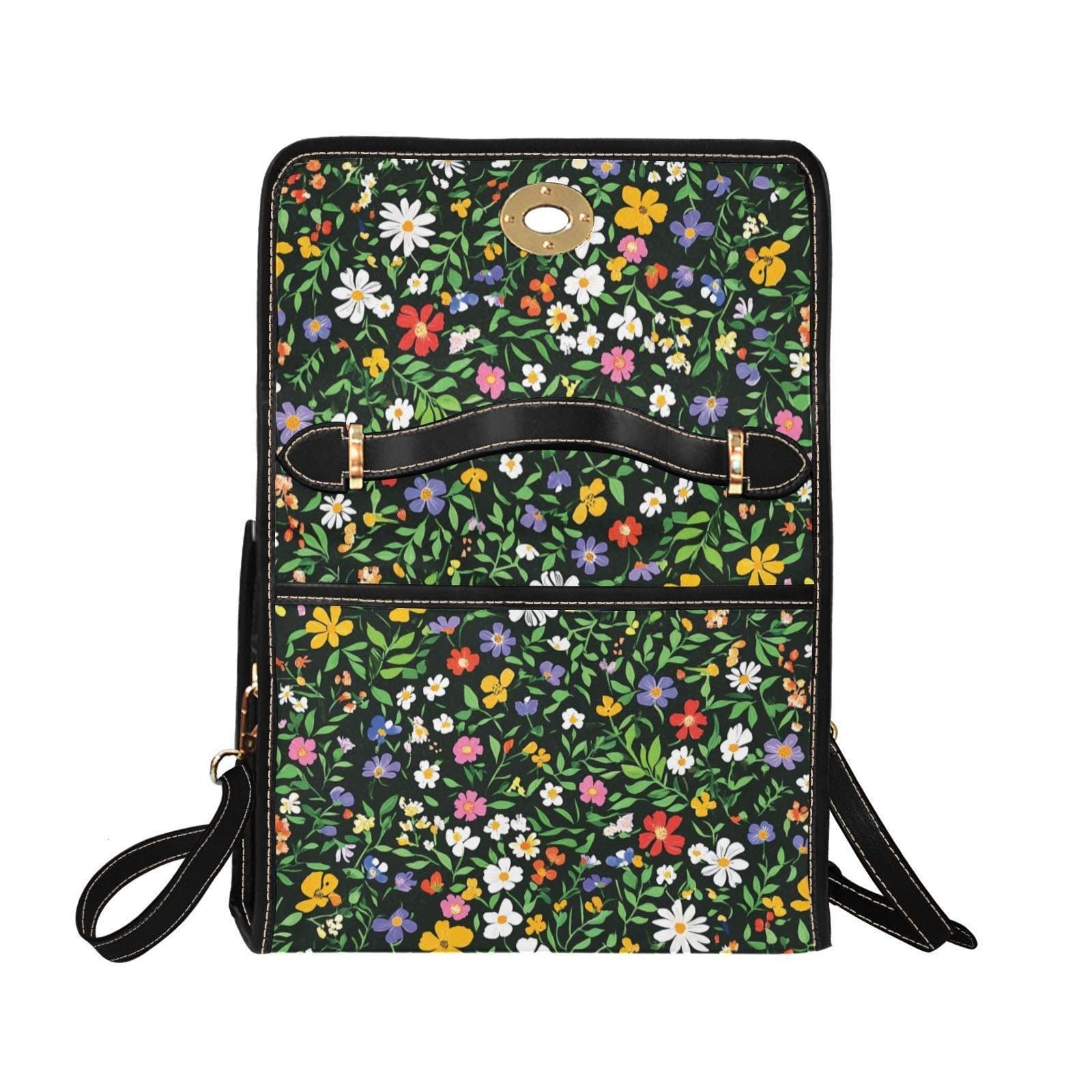 Black Floral Canvas Crossbody Bag, Wildflower Meadow Print Handbag