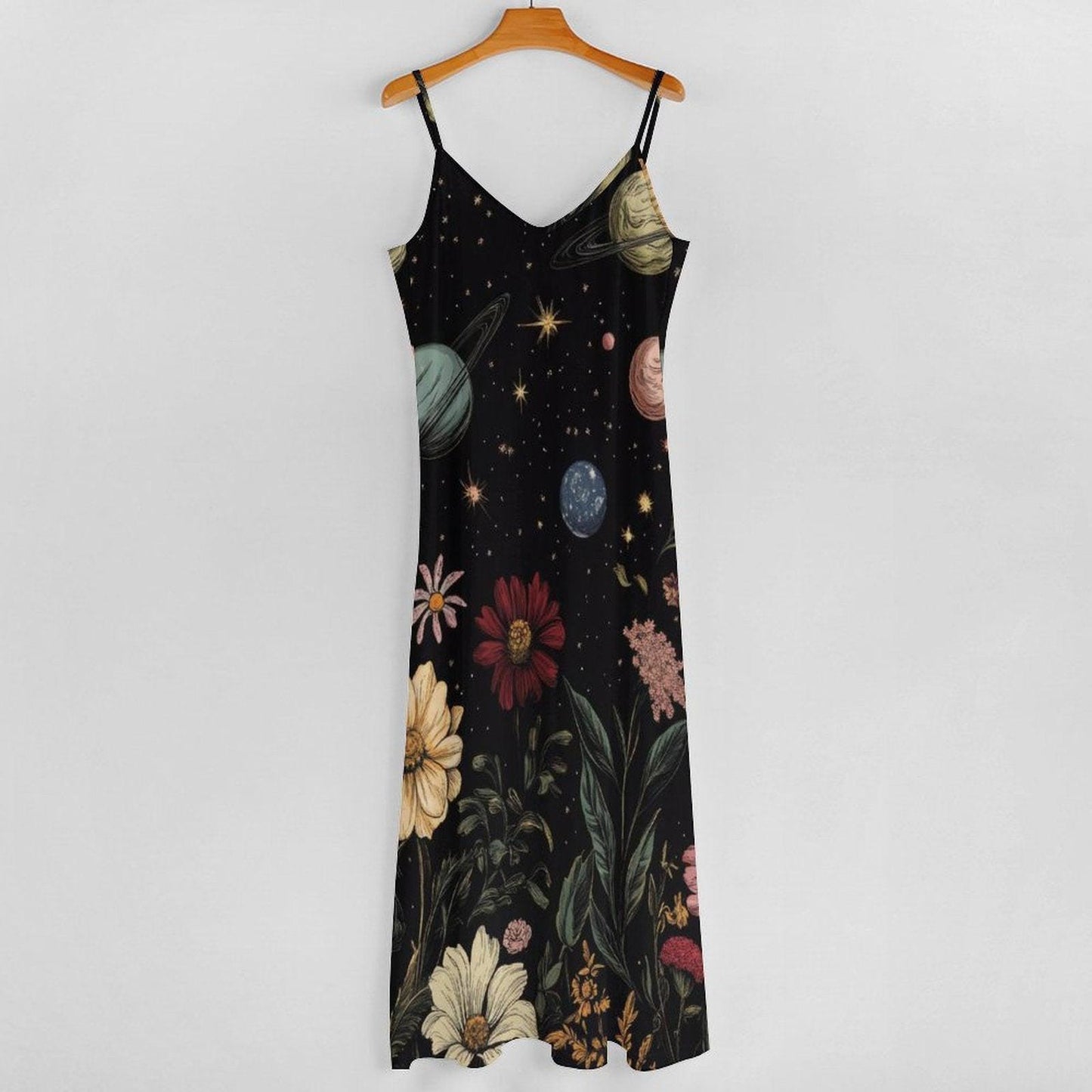 Celestial Floral Maxi Dress, Starry Night Cami Dress, Boho Galaxy Sundress for Women