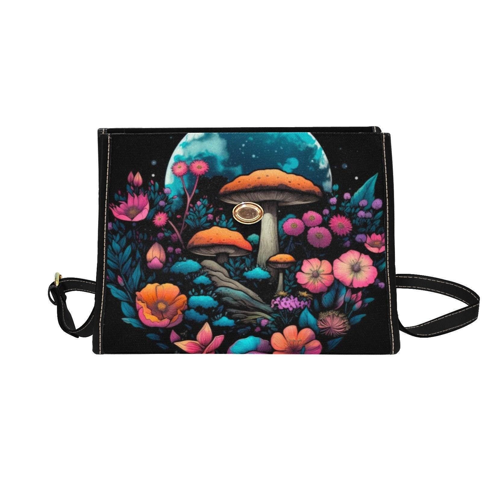 Glow Mushroom Bag, Moonlit Forest Purse, Trippy Shroom Crossbody, Fairycore Garden Print, Celestial Mushroom Style, Psychedelic Witch Bag