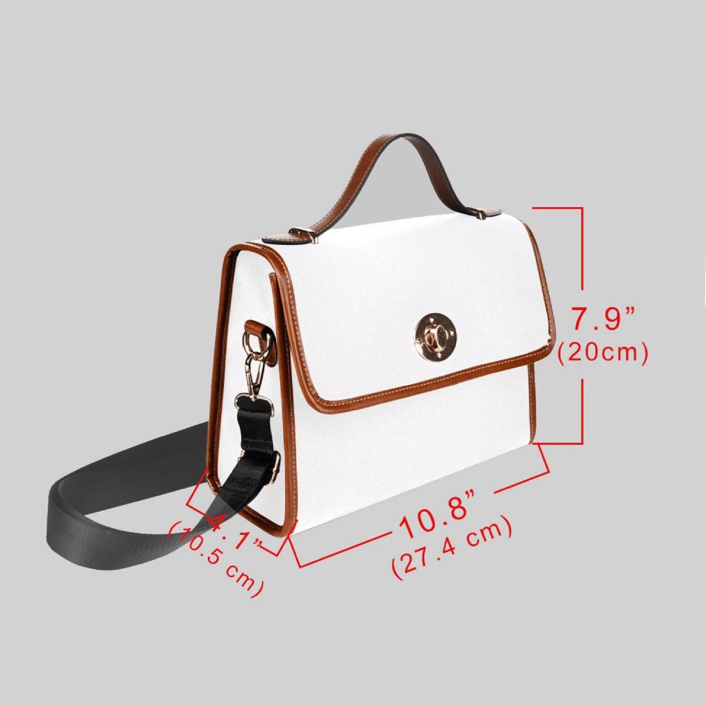 A white handbag with brown trim and a black strap, along with measurements indicating its dimensions.