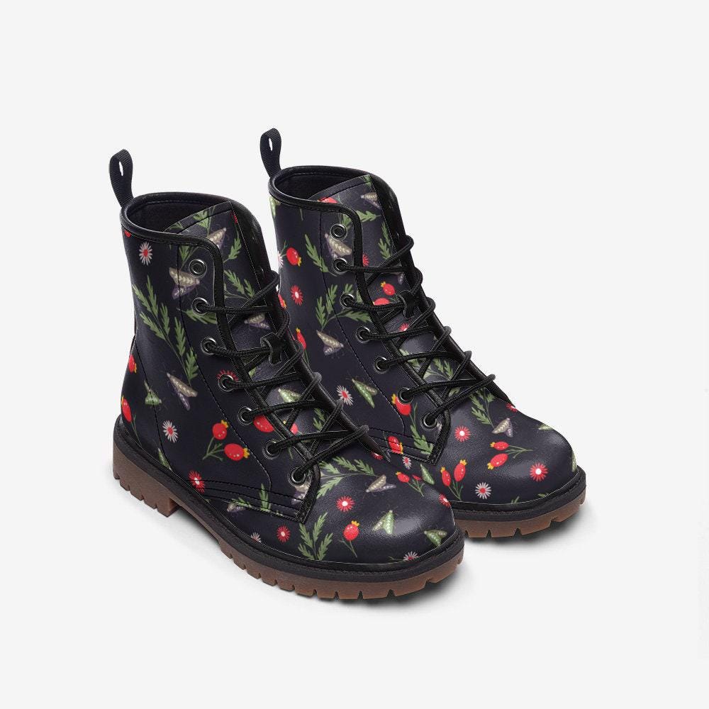 Goblincore Vegan Combat Boots Woodland Mushroom Butterfly Print Witchcore Festival Faecore Nature Fantasy Footwear