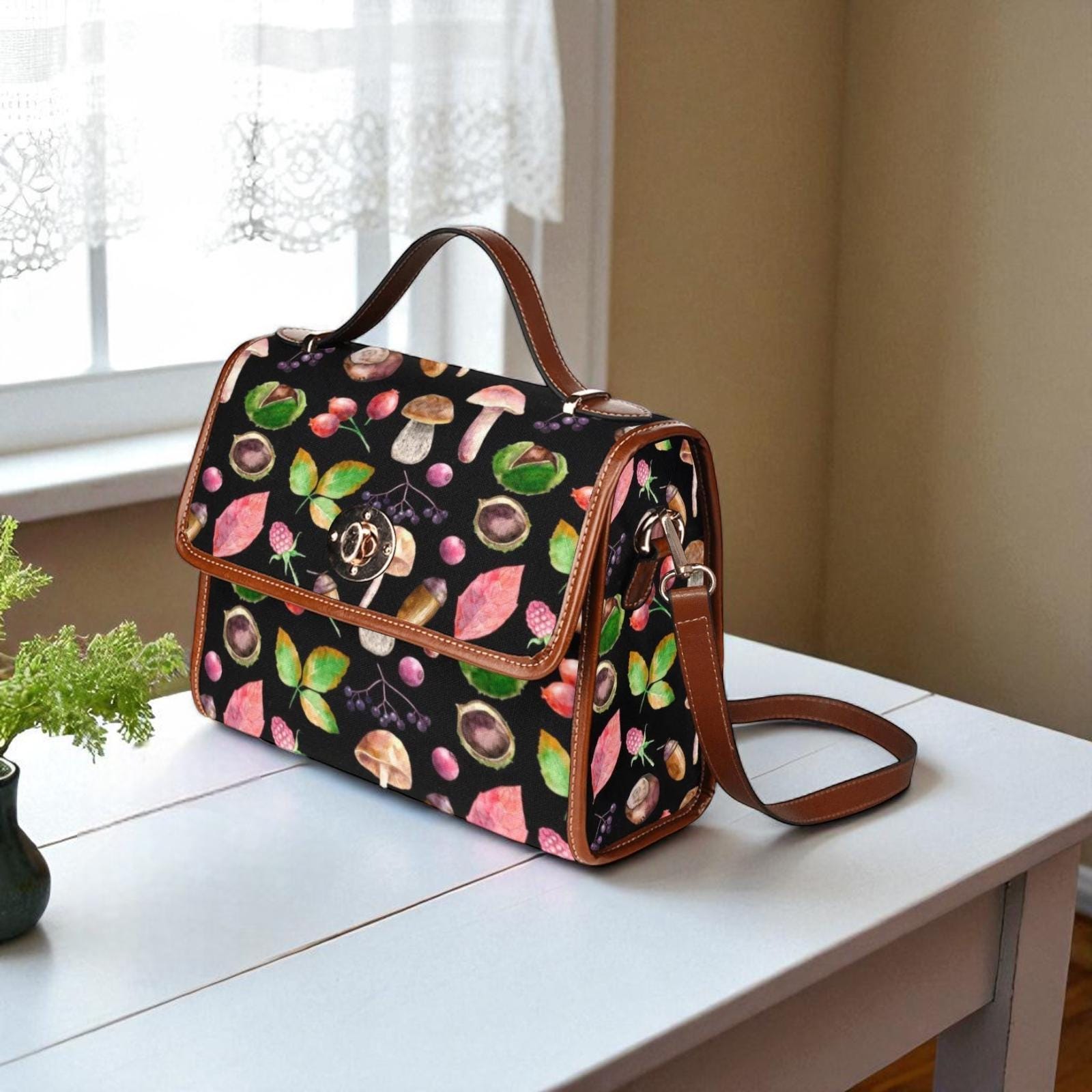 Woodland Foraging Print, Autumn Leaves and Mushrooms, Cozy Cottagecore Bag, Fall Crossbody Purse, Herbal Forest Gift for her, Naturecore