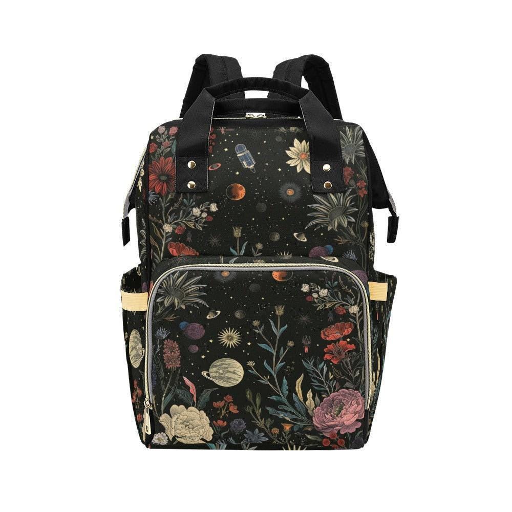 Floral Galaxy Diaper Backpack, Celestial Space Nursery Bag for Moms