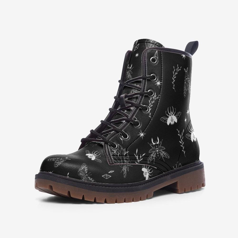 Black Vegan Leather Combat Boots, Insect Moth Print Lace Up Ankle Shoes