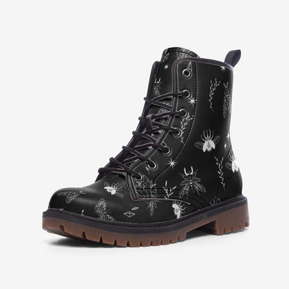 Black Vegan Leather Combat Boots, Insect Moth Print Lace Up Ankle Shoes