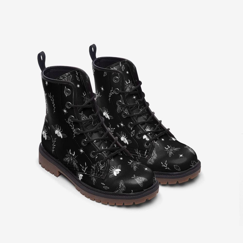 Black Vegan Leather Combat Boots, Insect Moth Print Lace Up Ankle Shoes