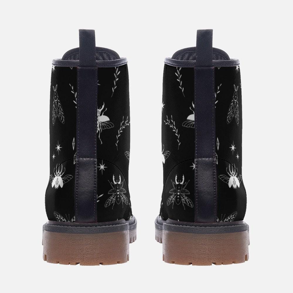 Black Vegan Leather Combat Boots, Insect Moth Print Lace Up Ankle Shoes