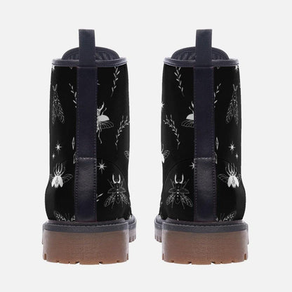 Black Vegan Leather Combat Boots, Insect Moth Print Lace Up Ankle Shoes