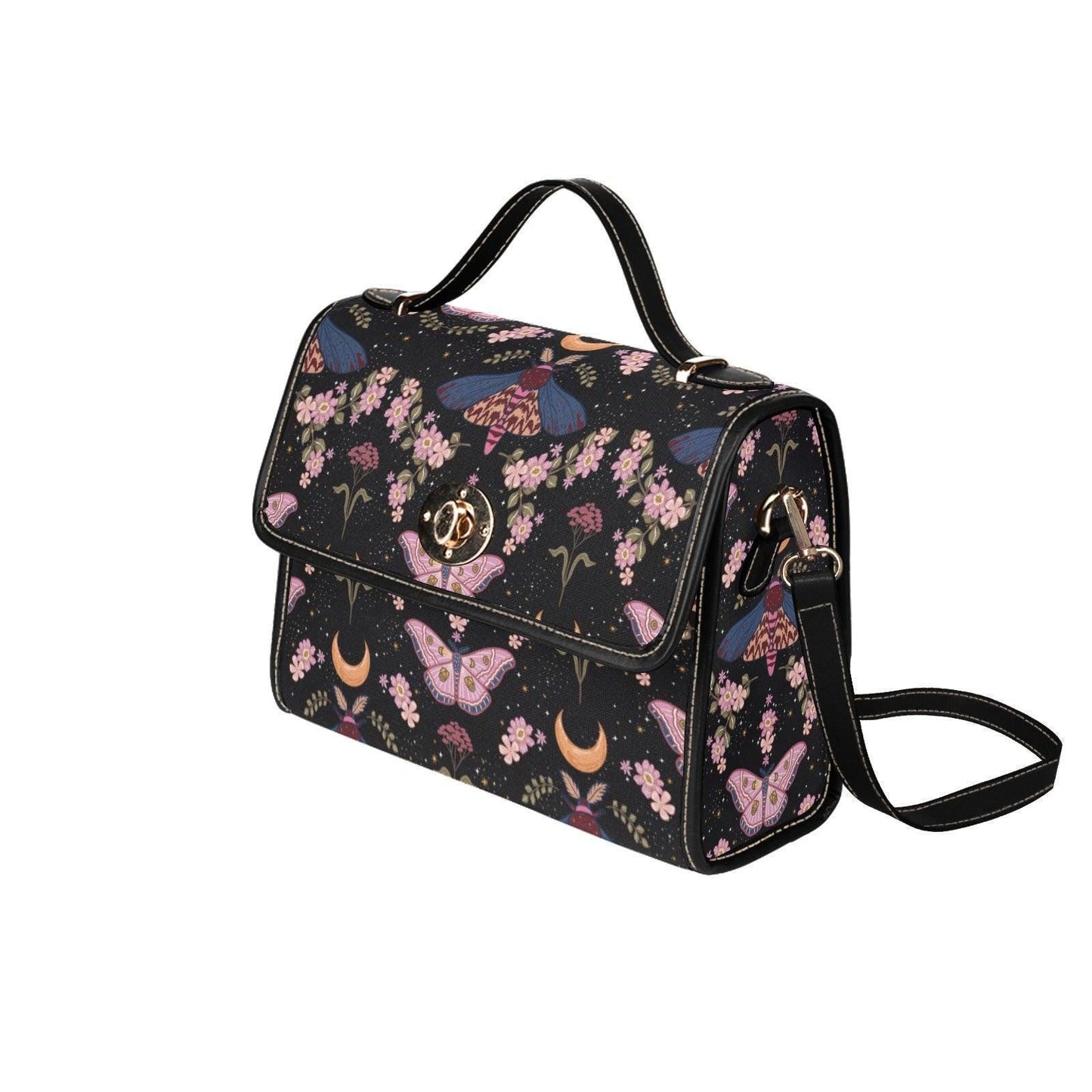 Moon Moth Top Handle Bag, Celestial Floral Satchel, Dark Romantic Handbag for Evening and Cottage Style