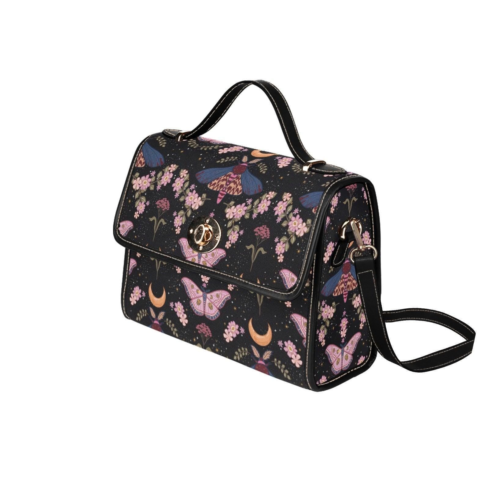 Moon Moth Top Handle Bag, Celestial Floral Satchel, Dark Romantic Handbag for Evening and Cottage Style