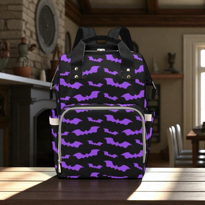 Purple Bat Diaper Backpack, Goth Mom Baby Bag, Halloween Organizer, Spooky Travel and Baby Bag