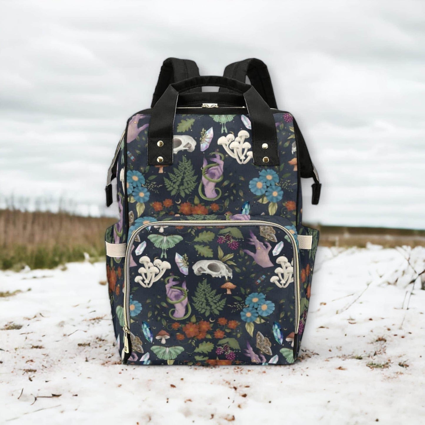 Woodland Mushroom Print Diaper Bag Backpack, Gothic Nursery Purse, Vegan Leather Baby Gear Wallet