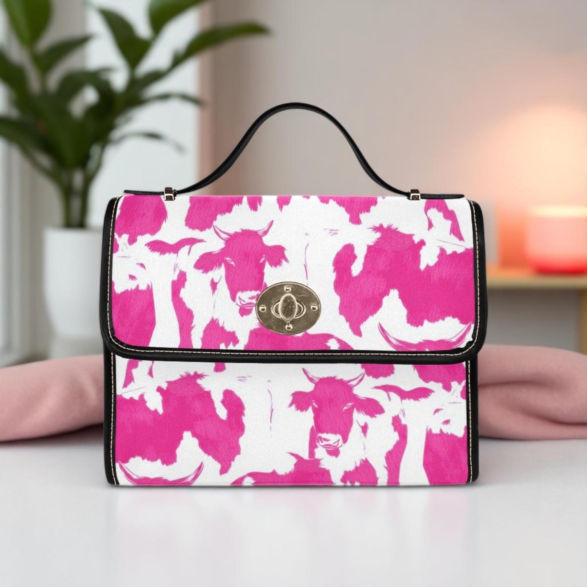 Pink Cow Print Purse, Western Top Handle Handbag, Cowgirl Statement Bag
