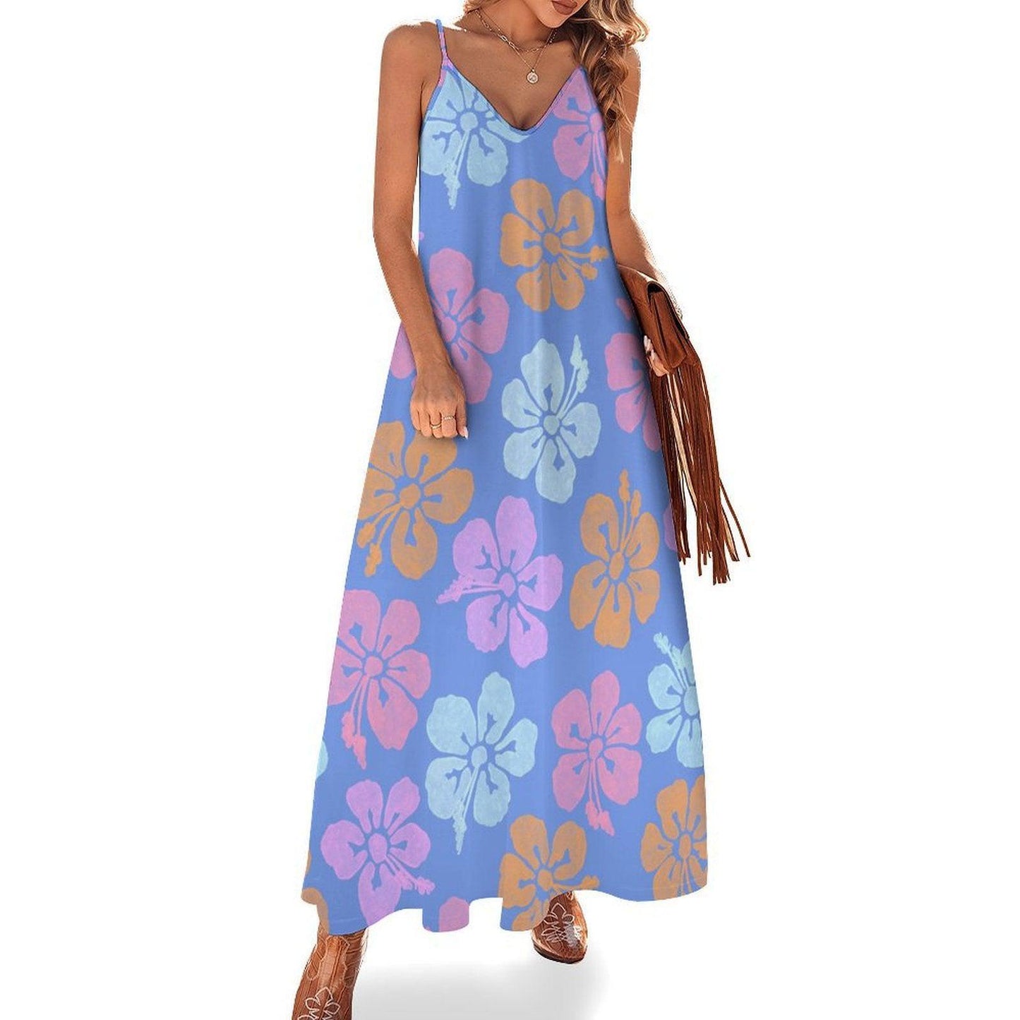 Hibiscus Maxi Dress, Tropical Spaghetti Strap Sundress, Blue Beach Vacation Outfit