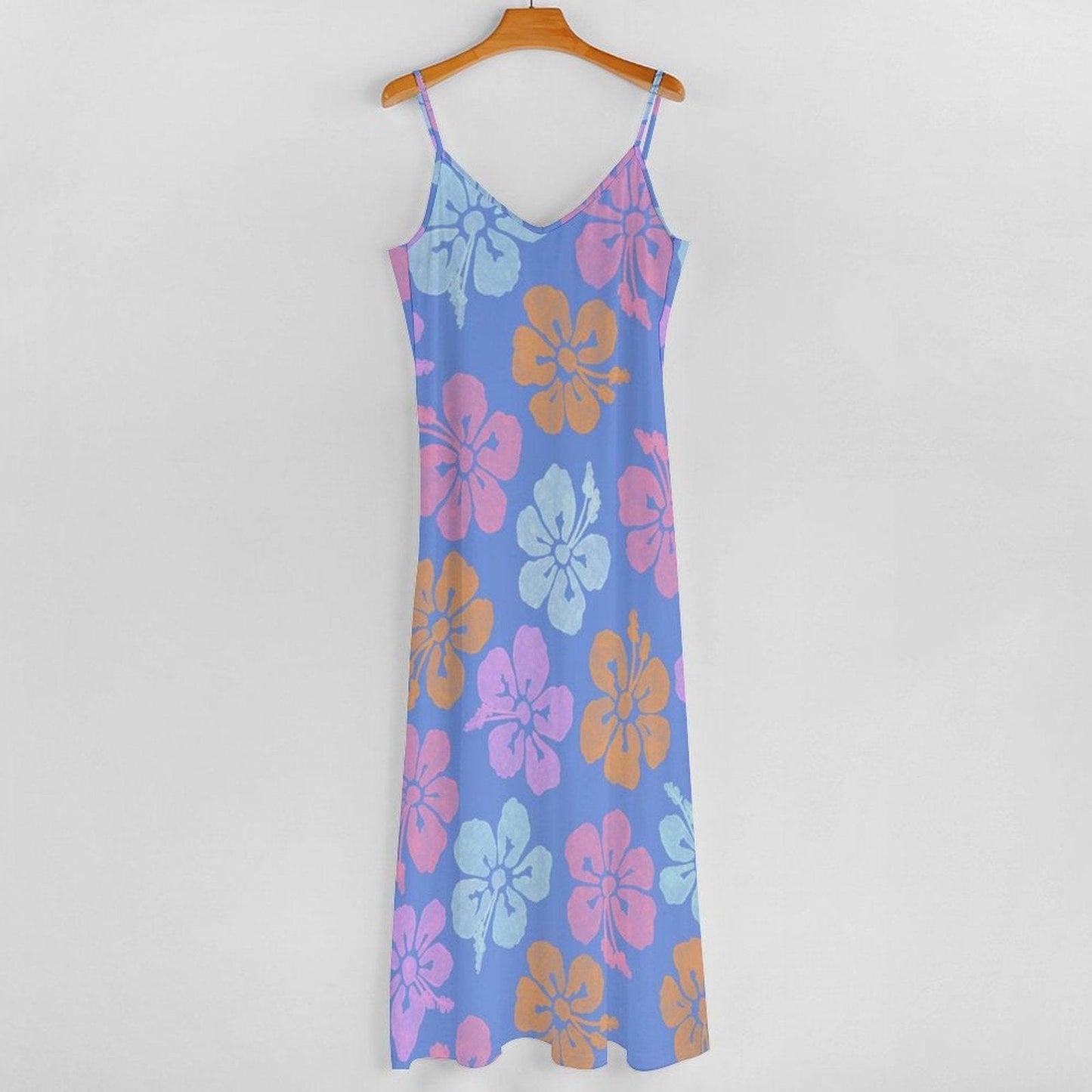 Hibiscus Maxi Dress, Tropical Spaghetti Strap Sundress, Blue Beach Vacation Outfit