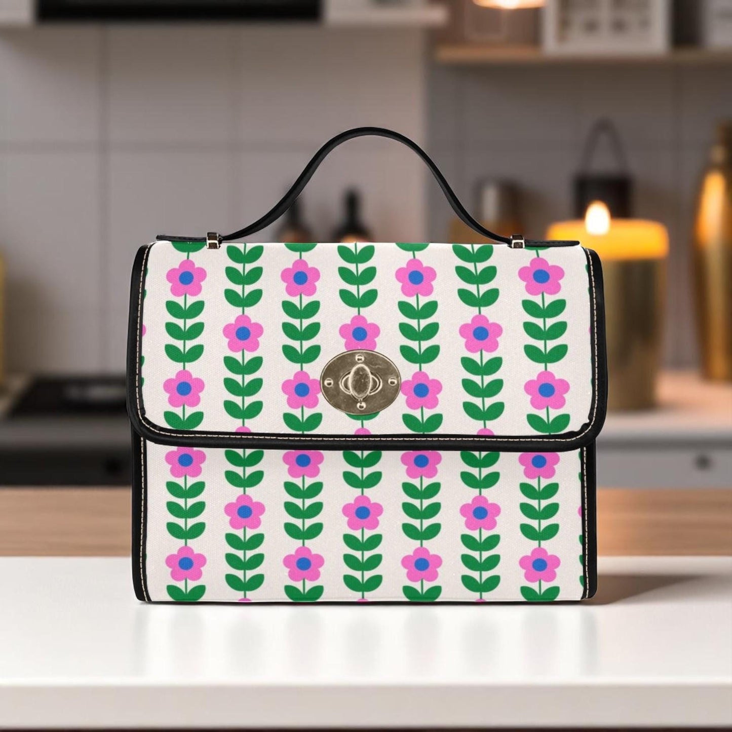 Retro Floral Handbag, Pink Daisy Purse, Mod Top Handle Bag