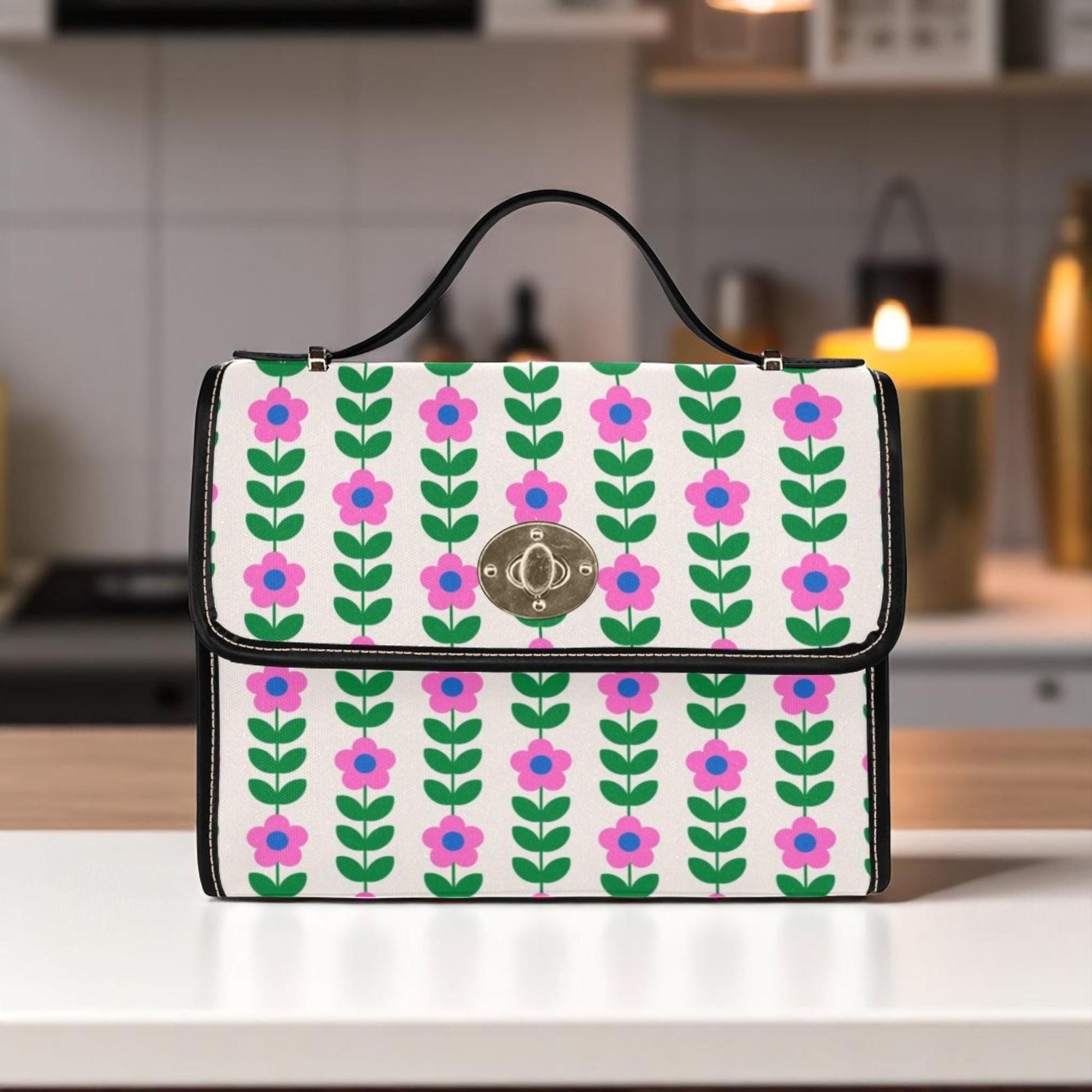 Retro Floral Handbag, Pink Daisy Purse, Mod Top Handle Bag