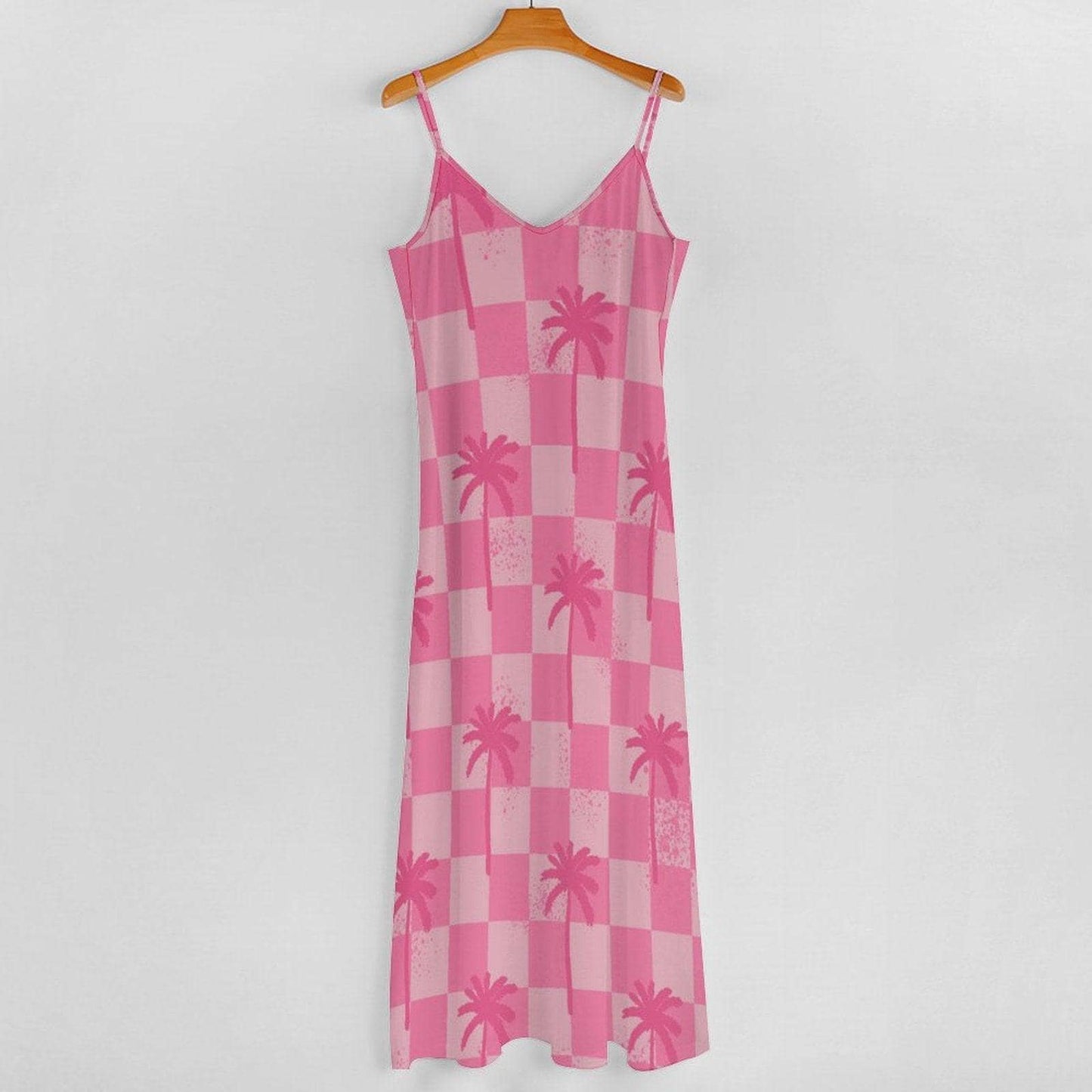 Pink Palm Tree Maxi Dress, Checkered Summer Slip Dress, Dopamine Vacation Outfit, Y2K Beach Dress for Girls, Funky Lightweight Festival Look