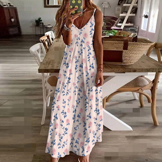 Cottagecore Slip Dress, Blue Rose Floral Maxi Sundress, Romantic Garden Cami Dress