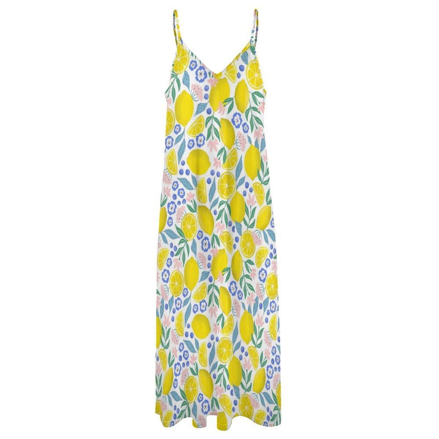 Lemon floral sundress, pastel fruit print dress, cottage summer outfit idea, dopamine fashion vibe, picnic brunch aesthetic clothing piece