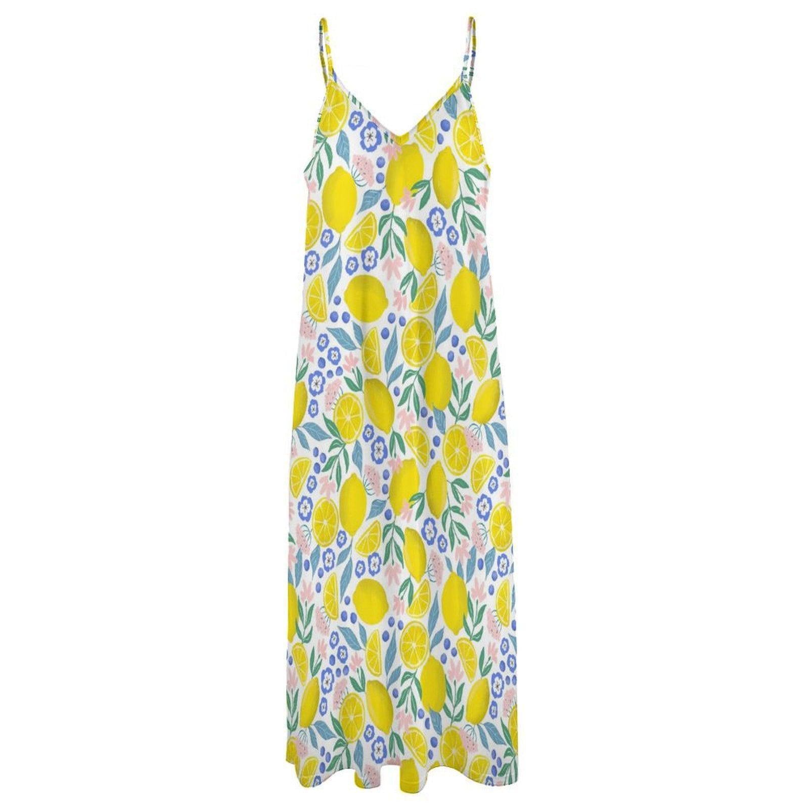 Lemon floral sundress, pastel fruit print dress, cottage summer outfit idea, dopamine fashion vibe, picnic brunch aesthetic clothing piece