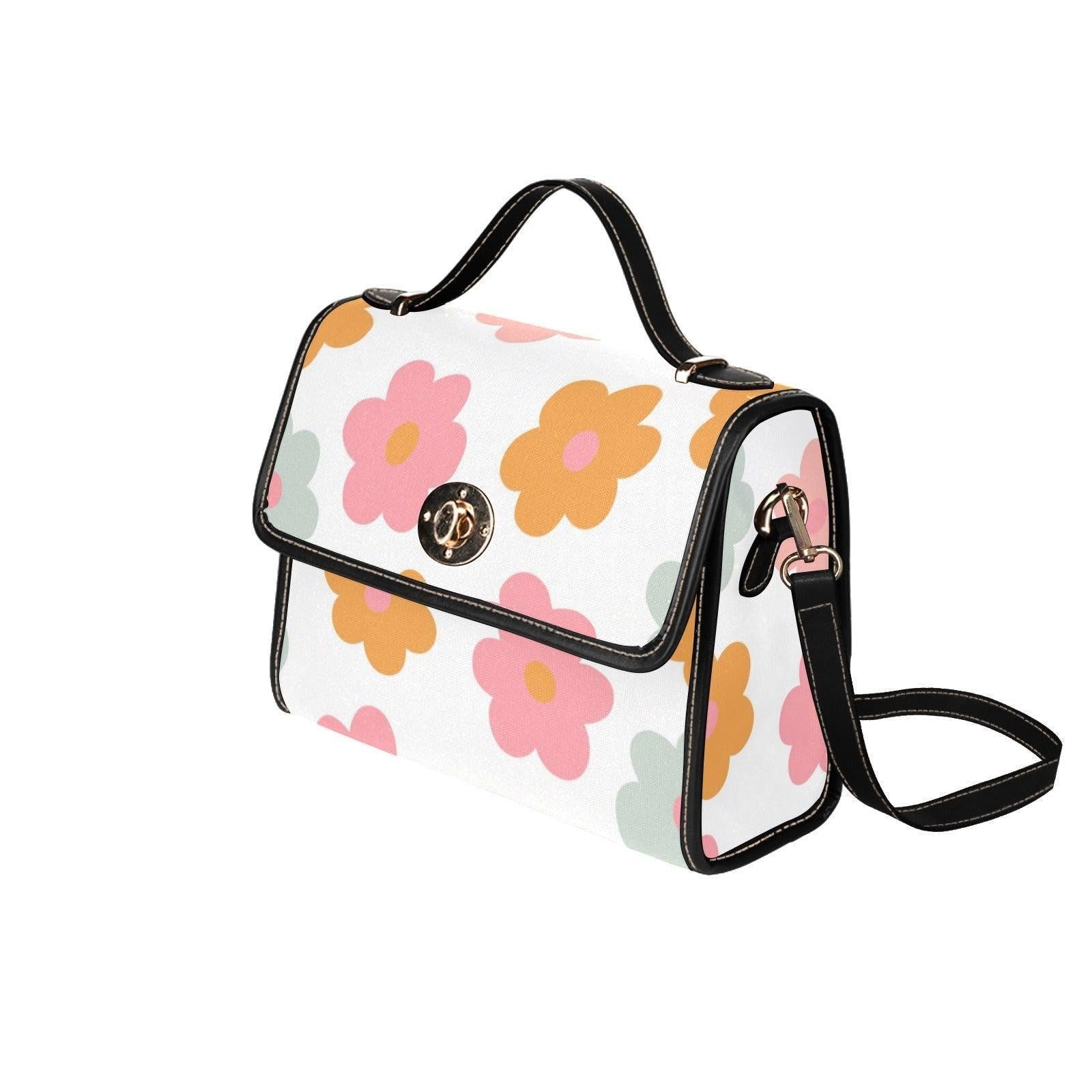 Retro Daisy Flower Power Satchel Purse, Pastel Cottagecore Crossbody Bag, Waterproof Canvas, Spring Handbag