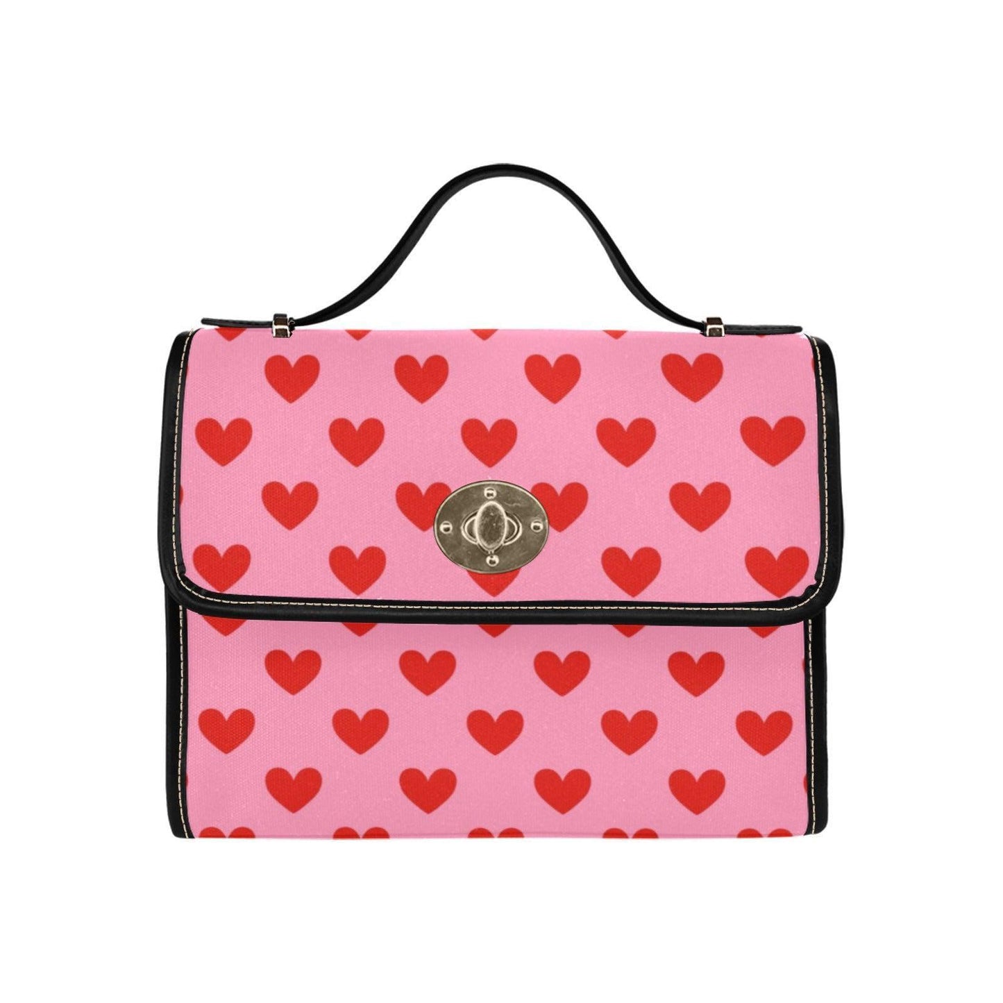 Heart Print Crossbody Purse, Pink Valentine Handbag, Romantic Top Handle Bag
