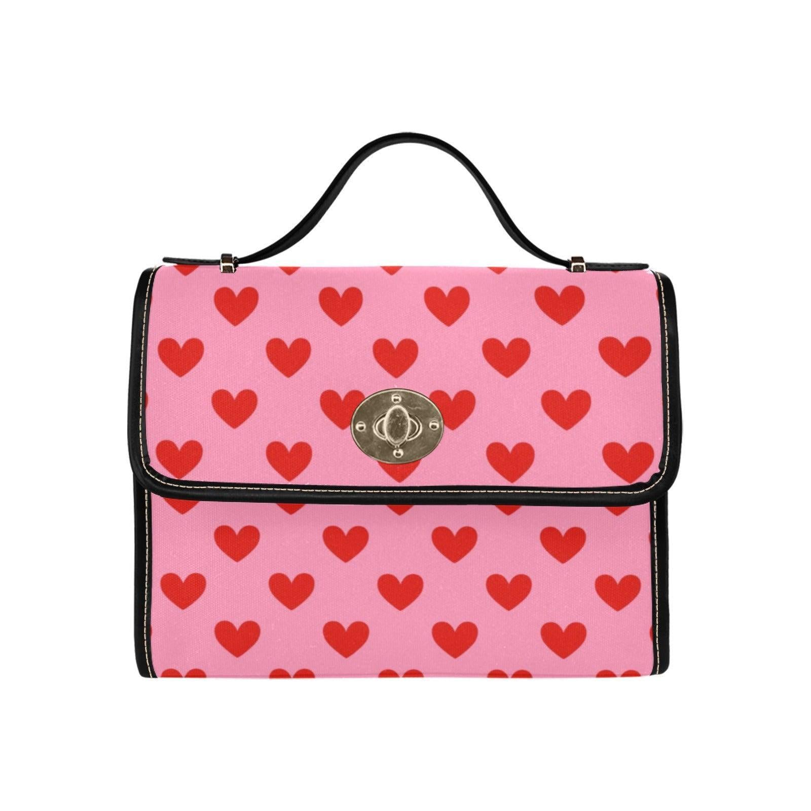 Heart Print Crossbody Purse, Pink Valentine Handbag, Romantic Top Handle Bag