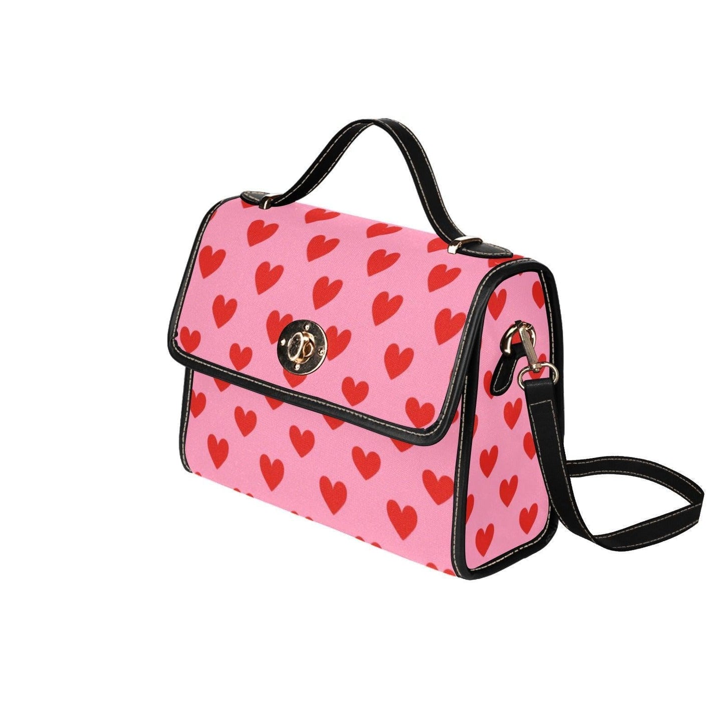 Heart Print Crossbody Purse, Pink Valentine Handbag, Romantic Top Handle Bag