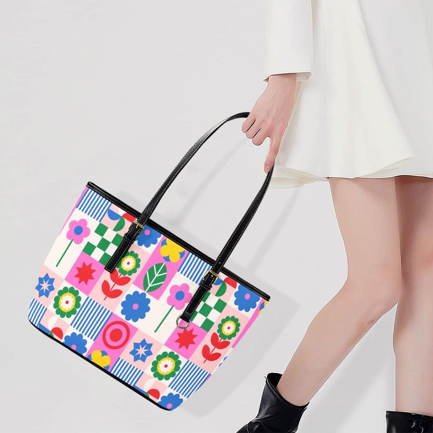 Retro Floral Beach Tote Bag Colorful Geometric Shoulder Bag Summer Poolside Carryall