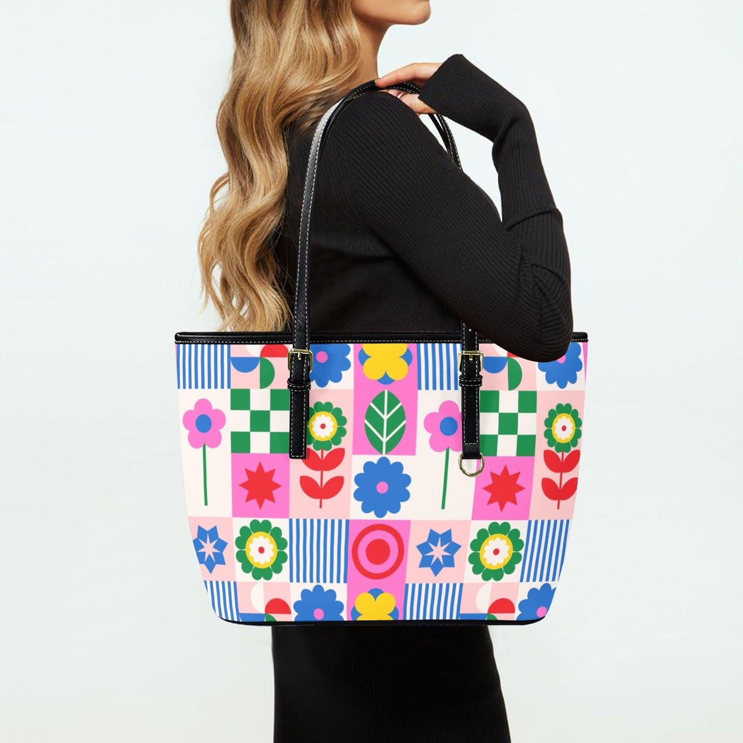 Retro Floral Beach Tote Bag Colorful Geometric Shoulder Bag Summer Poolside Carryall
