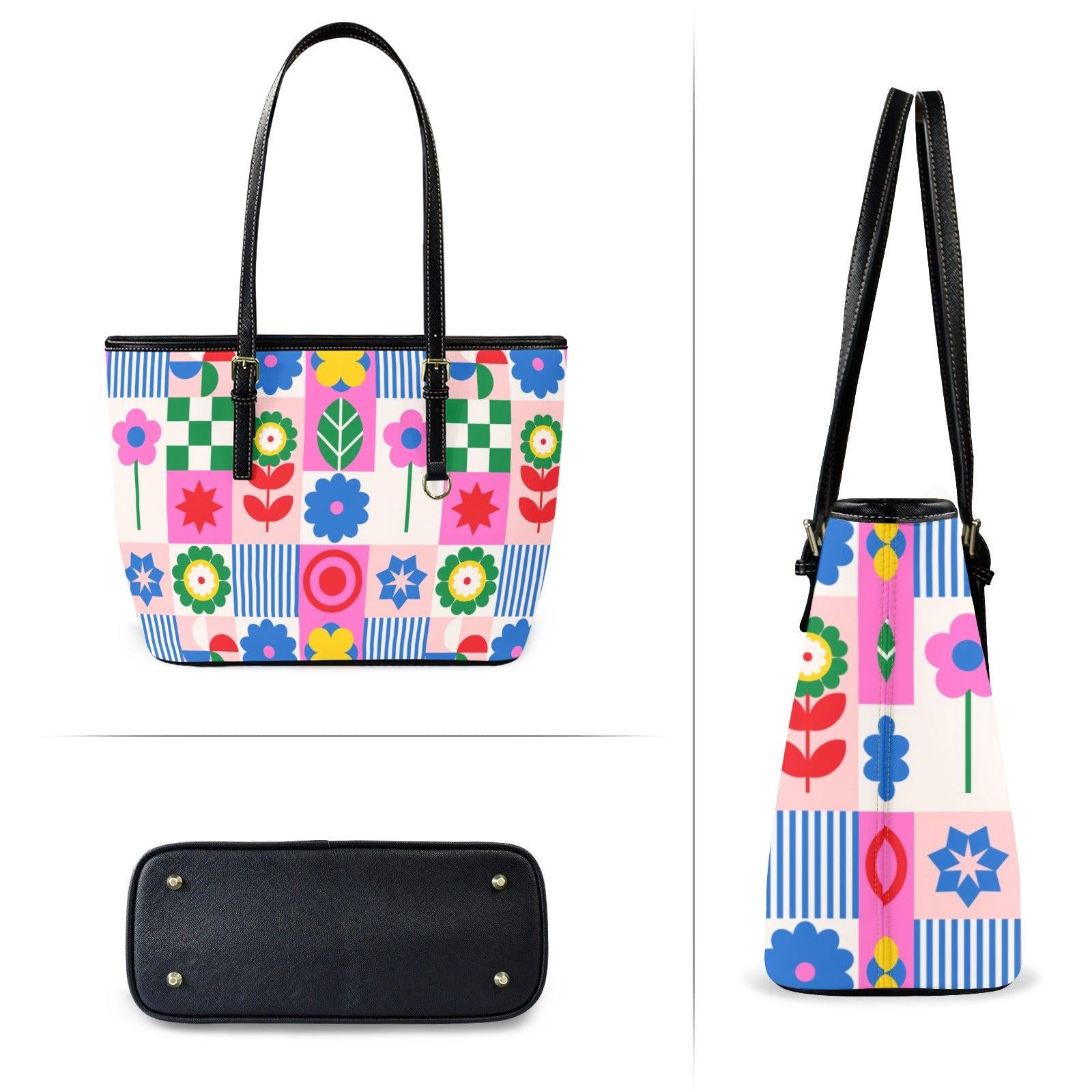 Retro Floral Beach Tote Bag Colorful Geometric Shoulder Bag Summer Poolside Carryall