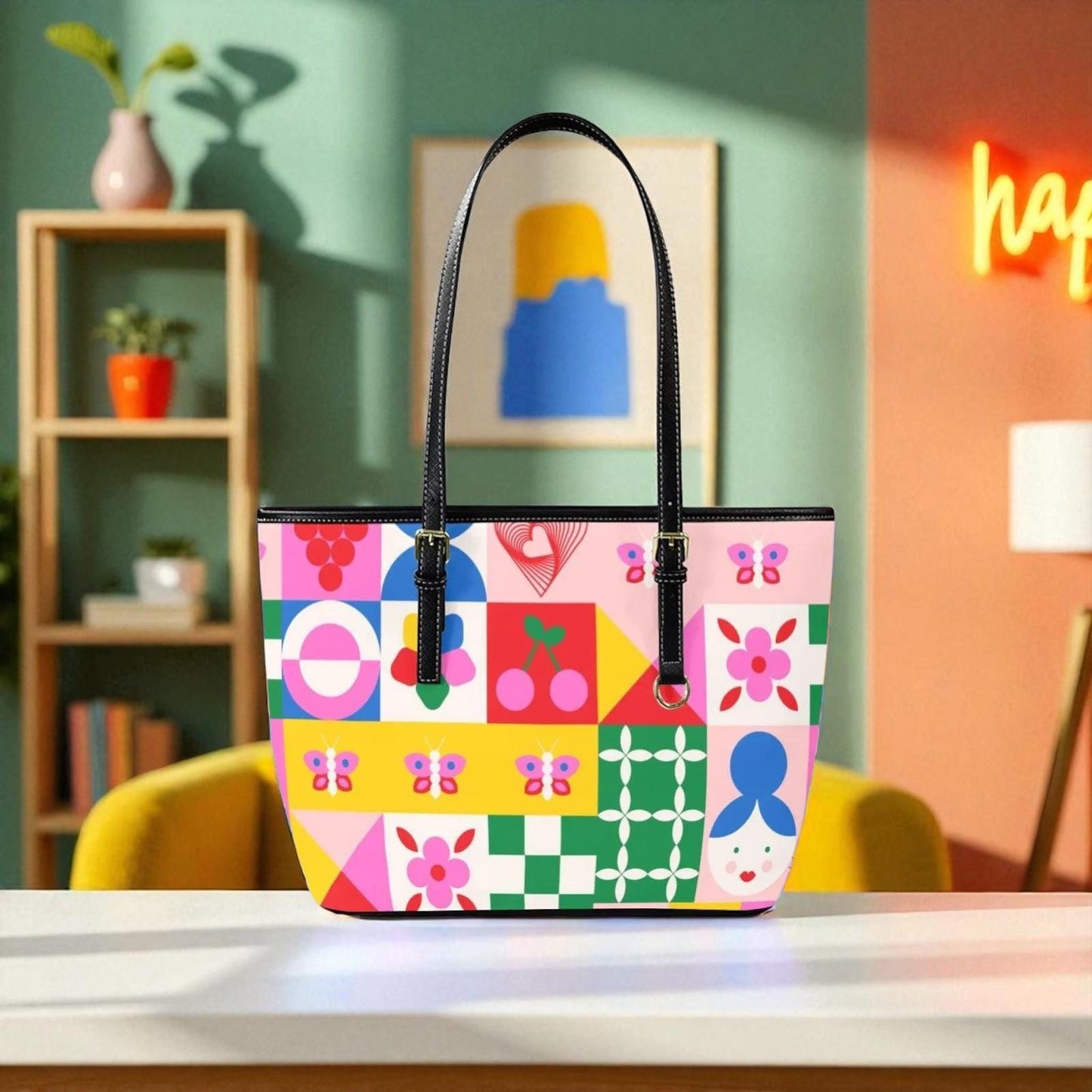 Retro Mod Tote Bag, Colorful Geometric Purse, Maximalist Shoulder Bag