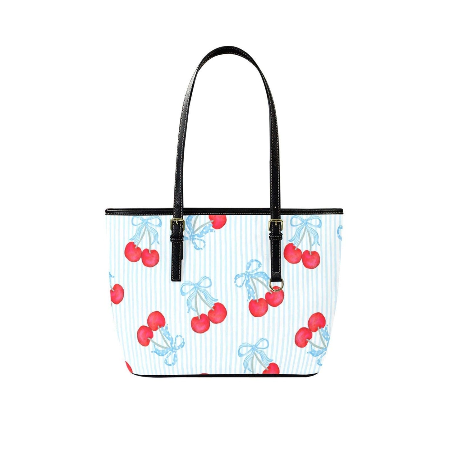 Cherry Tote Bag, Blue Stripe Bow Handbag, Picnic Purse for Boardwalk and Market