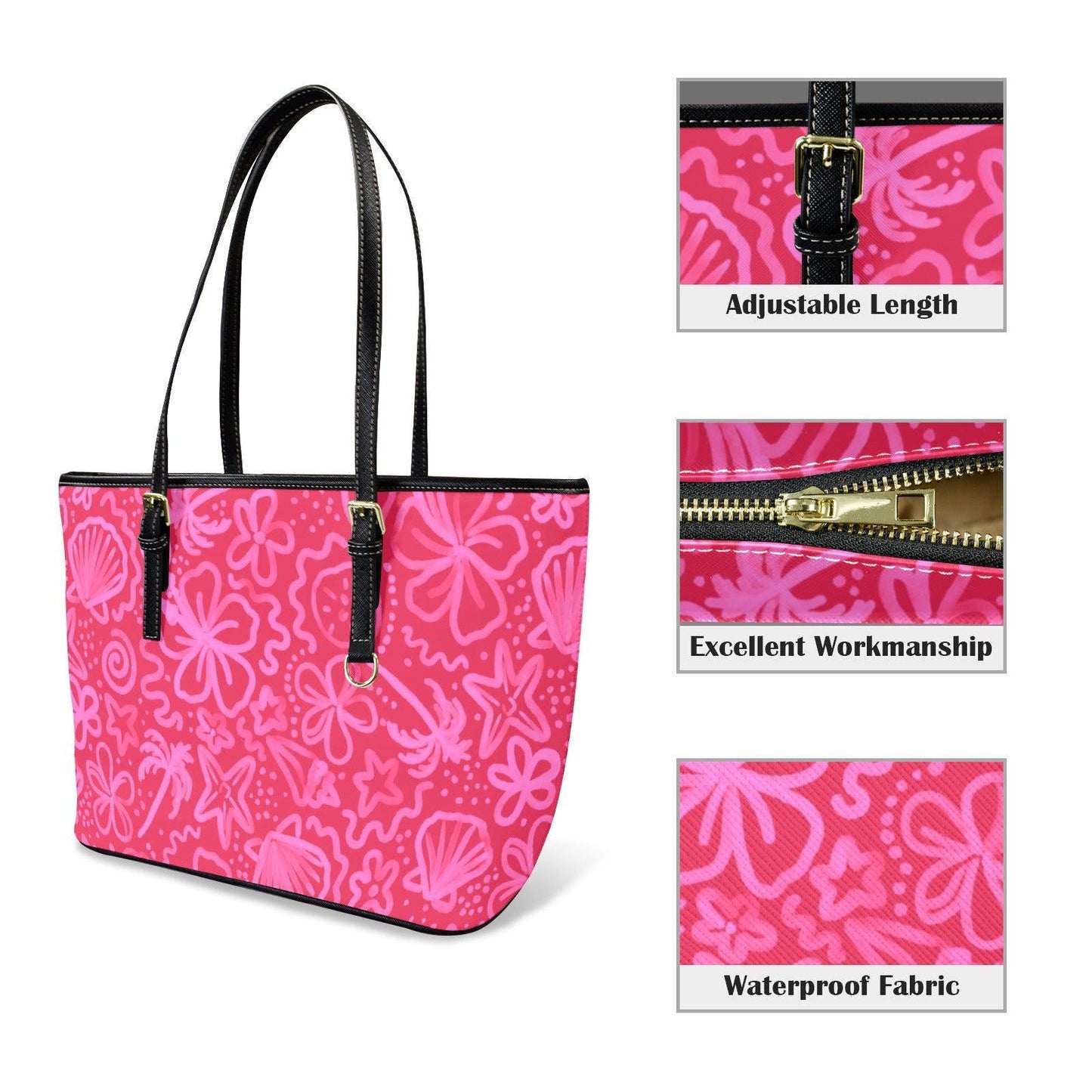 Beach Tote Bag in Pink Tropical Floral Shell Print, Summer Vacation Shoulder Purse