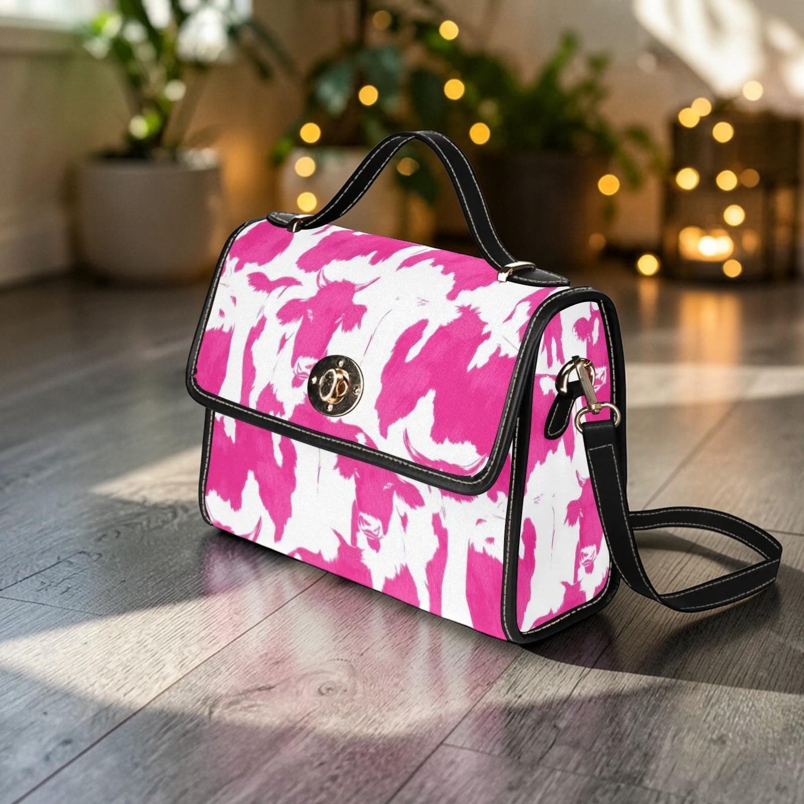 Pink Cow Print Purse, Western Top Handle Handbag, Cowgirl Statement Bag