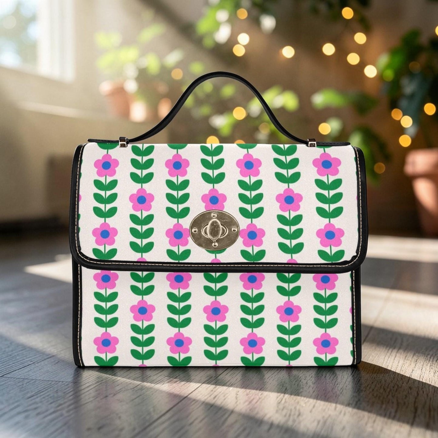 Retro Floral Handbag, Pink Daisy Purse, Mod Top Handle Bag
