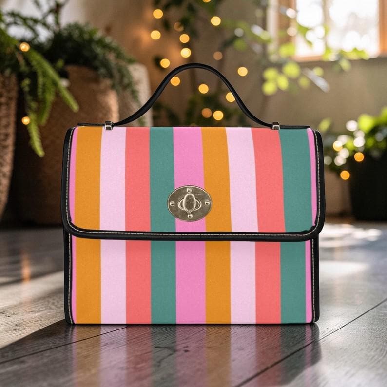 Colorful Striped Satchel Purse, Retro Top Handle Handbag, Groovy 70s Style Crossbody Bag
