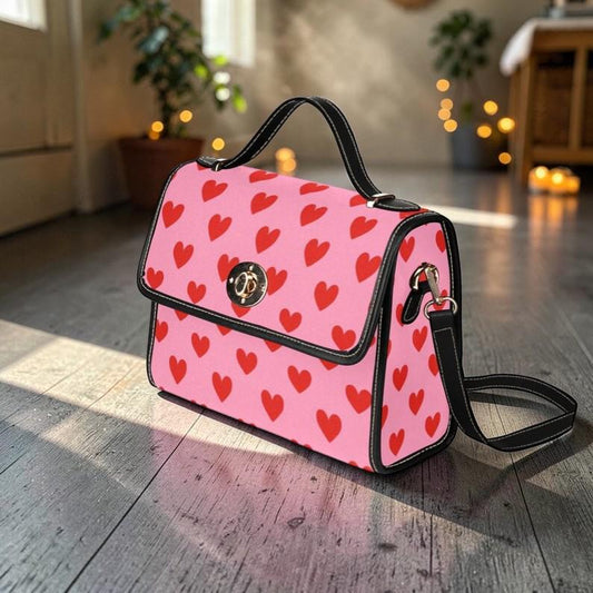 Heart Print Crossbody Purse, Pink Valentine Handbag, Romantic Top Handle Bag