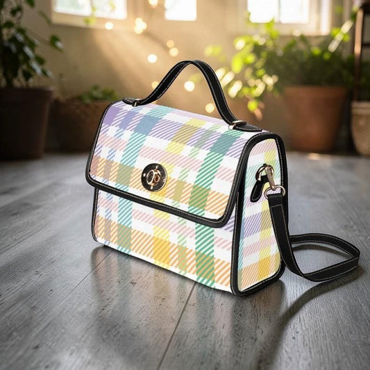 Top Handle Crossbody Bag, Structured Satchel Purse, Pastel Plaid Handbag