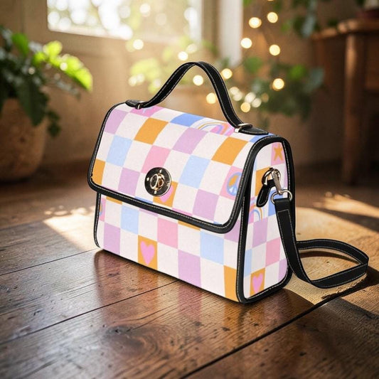 Pastel Checkered Crossbody Bag, Kawaii Satchel Purse, Y2K Top Handle Handbag