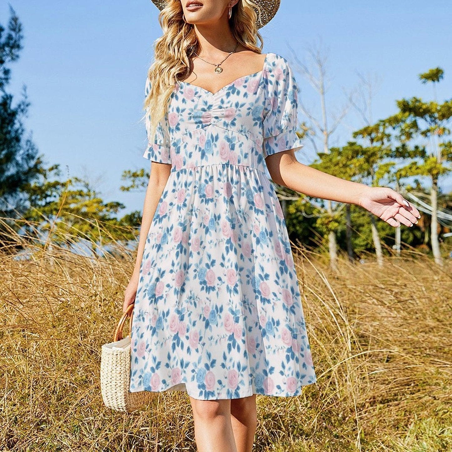 Baby Shower Guest Dress, Blue Floral Prairie Midi for Women, Feminine Sunday Best Outfit