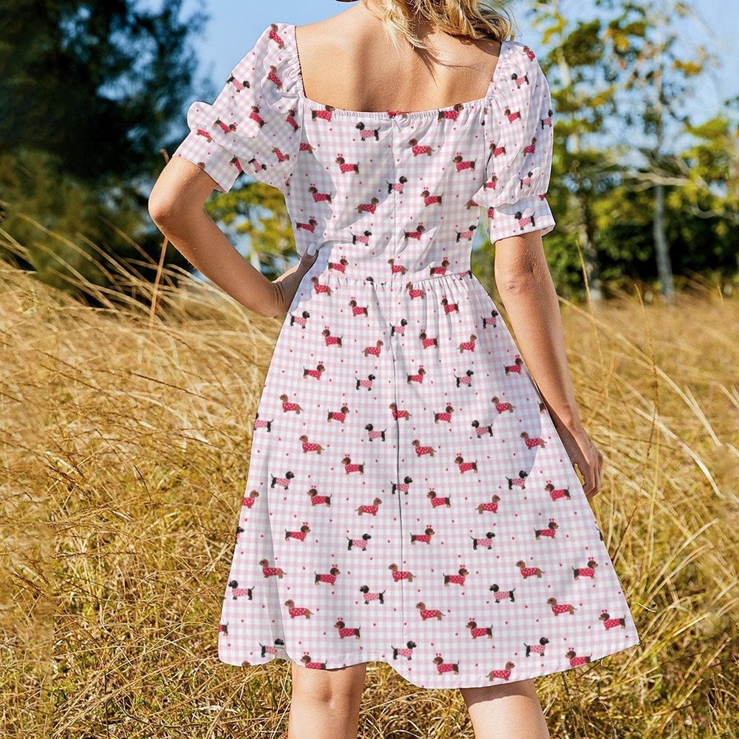 Pink Gingham Dachshund Midi Dress, Puff Sleeve Picnic Outfit, Dog Lover Fashion