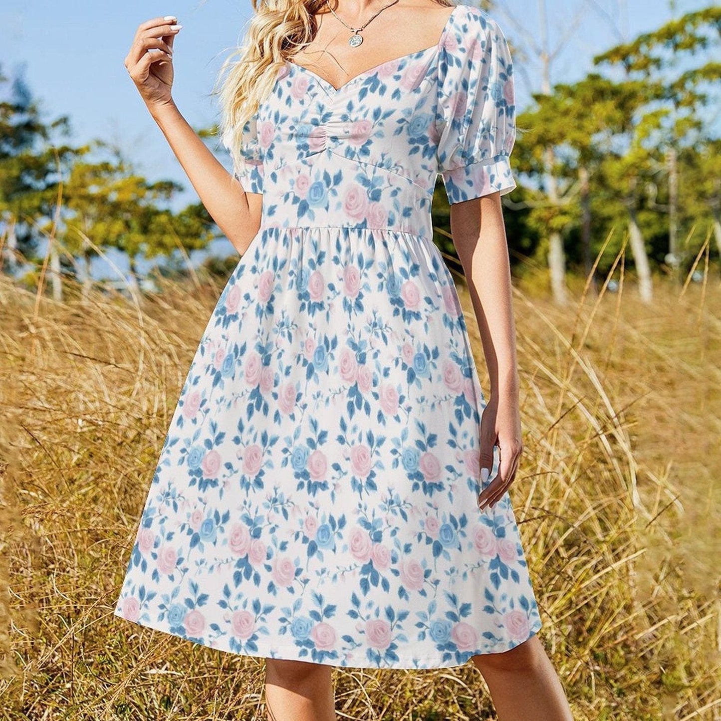 Baby Shower Guest Dress, Blue Floral Prairie Midi for Women, Feminine Sunday Best Outfit