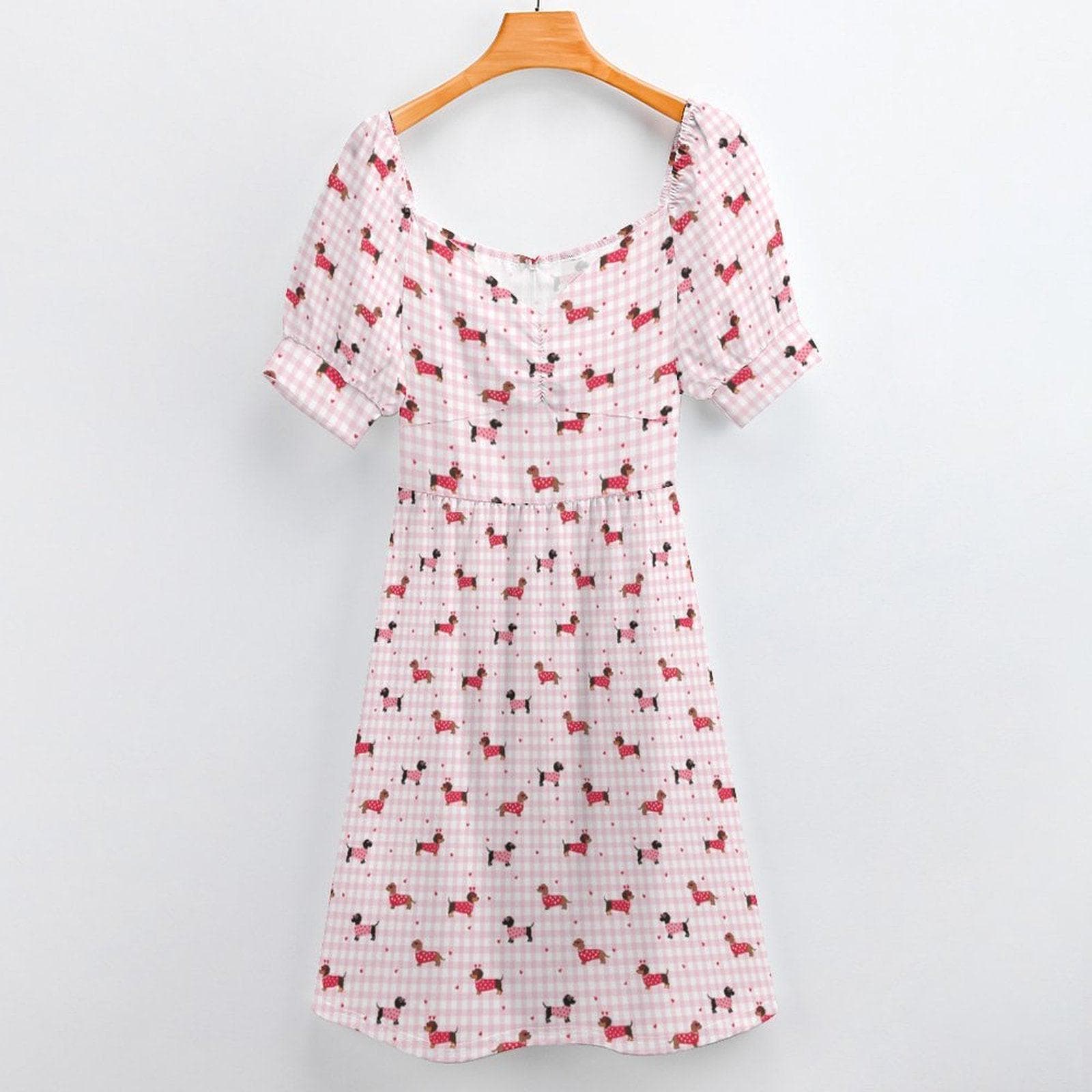 Pink Gingham Dachshund Midi Dress, Puff Sleeve Picnic Outfit, Dog Lover Fashion